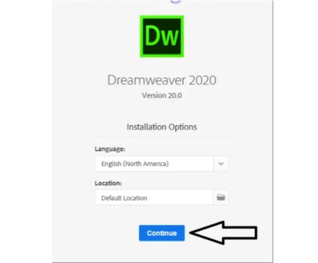 Hướng dẫn cách tải và crack Adobe Dreamweaver CC 2020 7 Nhấn nút Continue như hình trên