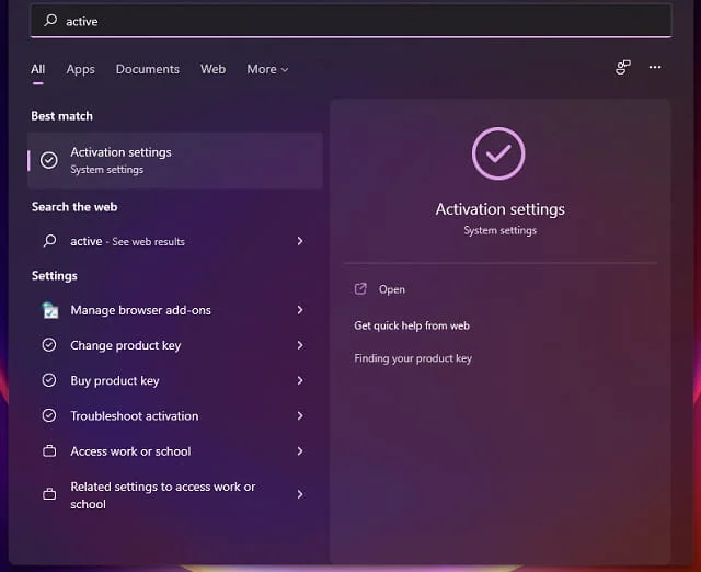 Cách Active Win 11 Key bản quyền 4 Nhập cụm từ Active để bật trang kích hoạt Window 11 bằng Key bản quyền
