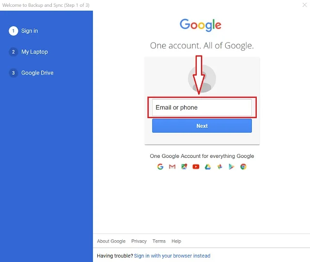 Hướng dẫn cách đồng bộ Google Drive với máy tính chi tiết và nhanh chóng 9 Nhập email và chọn Next