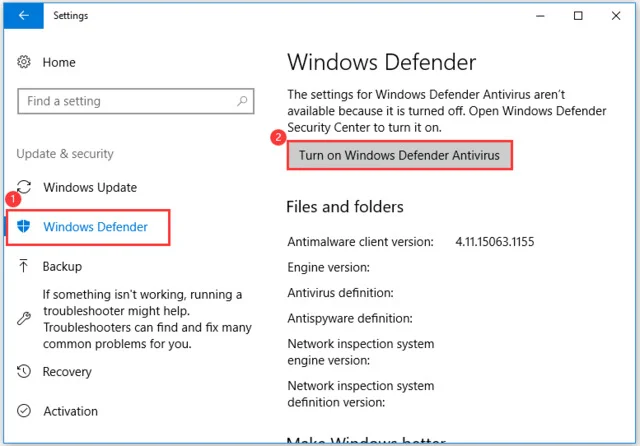 Download Driver Easy Full Crack Miễn Phí (Link Google Drive) 5 Nhấp vào nút Turn on Windows Defender Antivirus (Bật Trình chống vi-rút của Bộ bảo vệ Windows) từ khung bên phải.