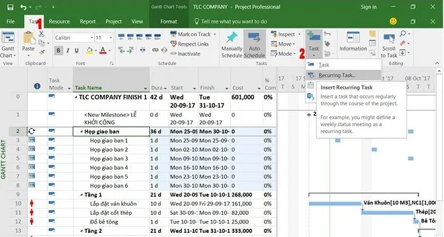 Link tải và cài đặt phần mềm Microsoft Project 2013 chi tiết 14 Recurring - Công tác chu kỳ