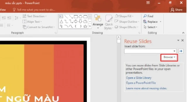 Bí quyết để thực hiện tốt các cách ghép 2 bài PowerPoint một cách nhanh nhất 3 Tại cột Reuse Slides các bạn sẽ chọn Browse