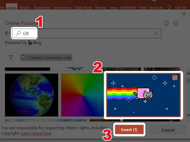Tìm kiếm ảnh động trên Internet rồi nhấn Insert chèn vào Slide