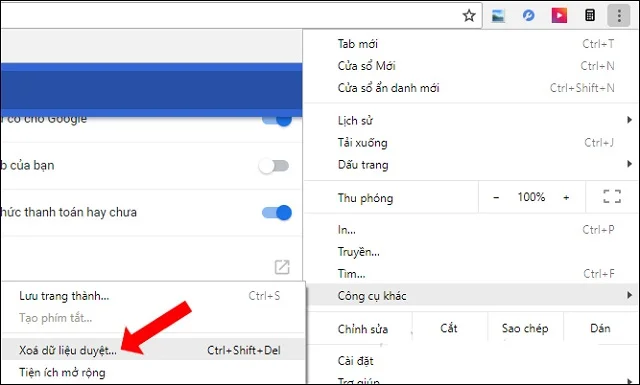 Tùy chọn xóa dữ liệu duyệt