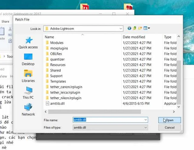 Hướng dẫn chi tiết tải phần mềm Lightroom CC 2017 full crack 12 Vào thư mục nhập file amtlib.dll và chọn Open