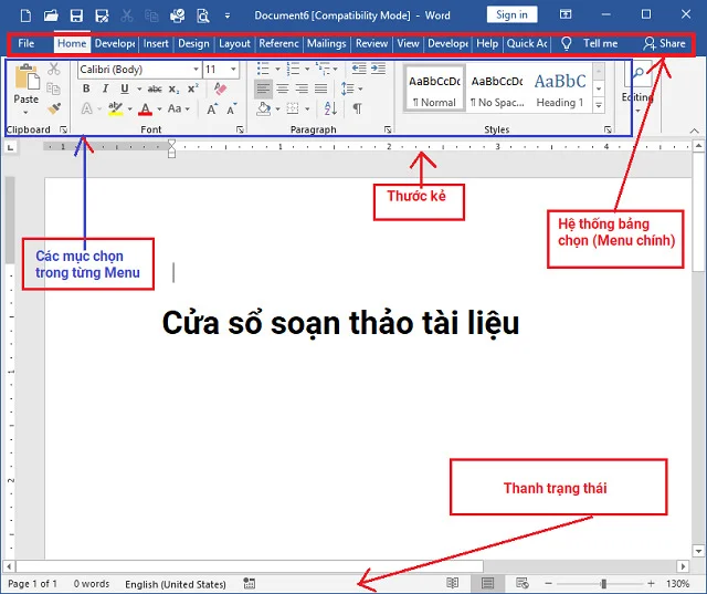 Hướng dẫn cài đặt Word 2019 chi tiết từ A đến Z - Cài đặt thành công 100%! 1 Vùng làm việc của word 2019