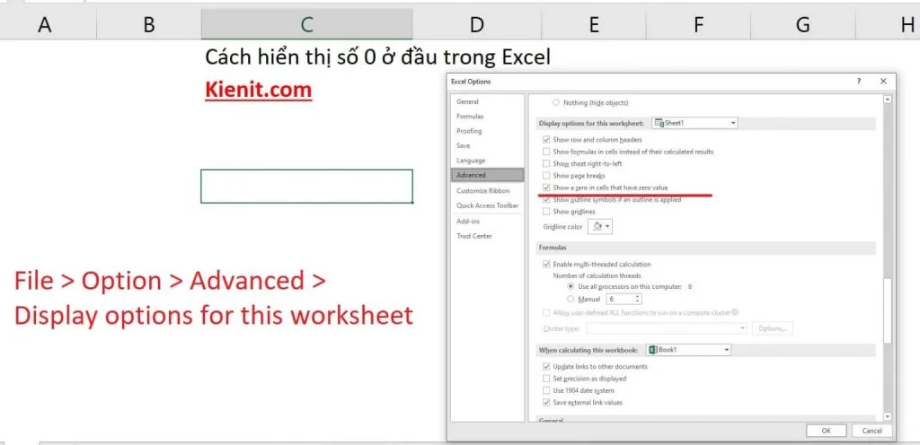 Các cách hiện số 0 trong Excel bạn cần biết 6 tích vào Show a zero in cells that have zero value