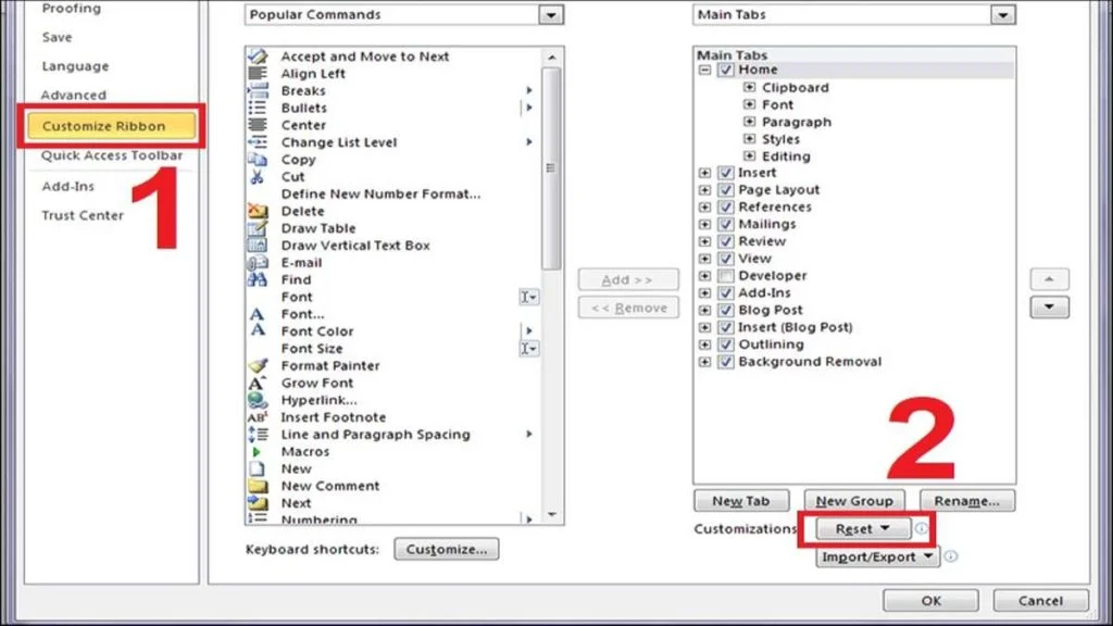 Tất tần tật các cách hiện thanh công cụ trong Word 2010 3 Nhấp vào nút Reset