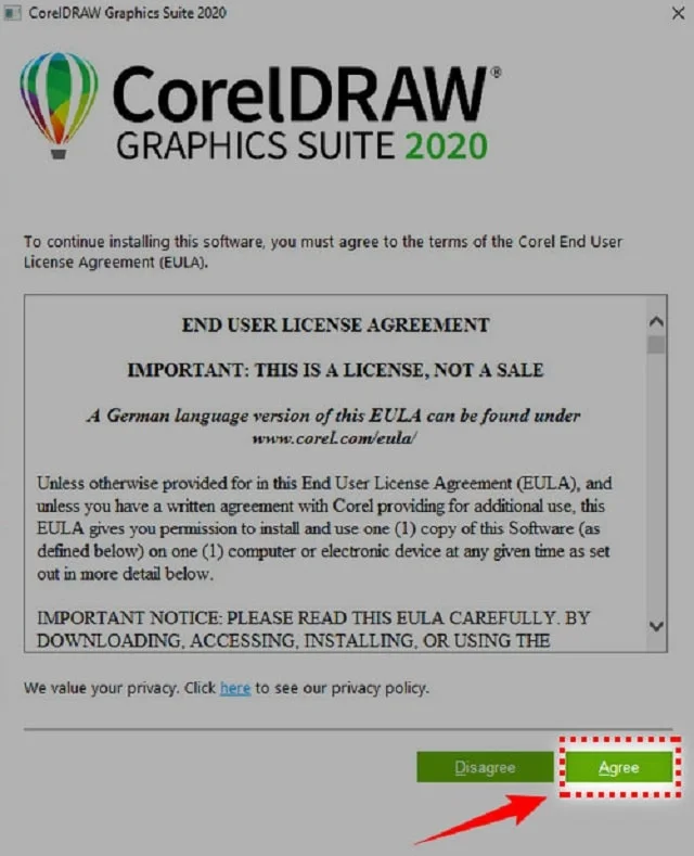 Tải CorelDRAW 2020 full vĩnh viễn mới【Link Google Drive】 8 Chọn agree để chuyển sang bước sau