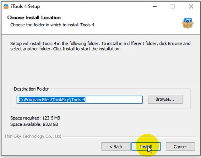 Chọn vị trí và nhấn vào Install
