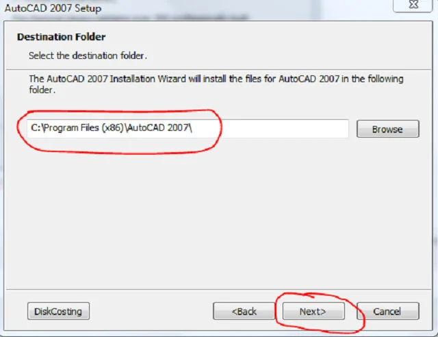 Tải và cài đặt Autocad 2007 full vĩnh viễn【Link Google Driver】 13 Để mặc định hoặc nhấn vào Browse để lựa chọn nơi lưu trữ file
