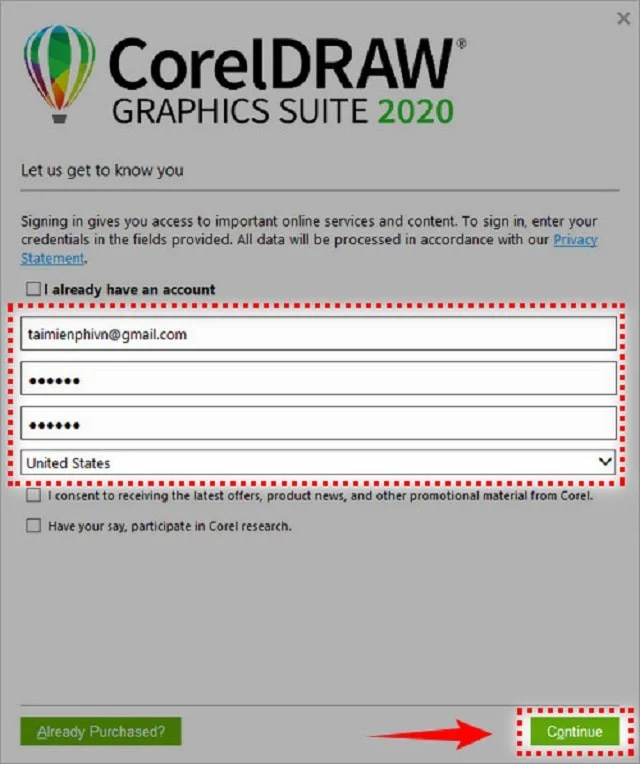 Tải CorelDRAW 2020 full vĩnh viễn mới【Link Google Drive】 9 Điền đầy đủ thông tin và chọn continue