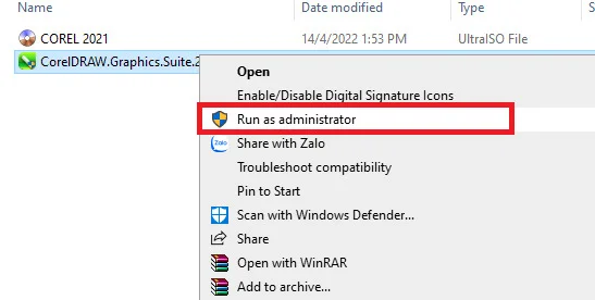 Corel 2021 Bản Full Miễn Phí - Tải Nhanh Chóng 8 Chọn Run as administration