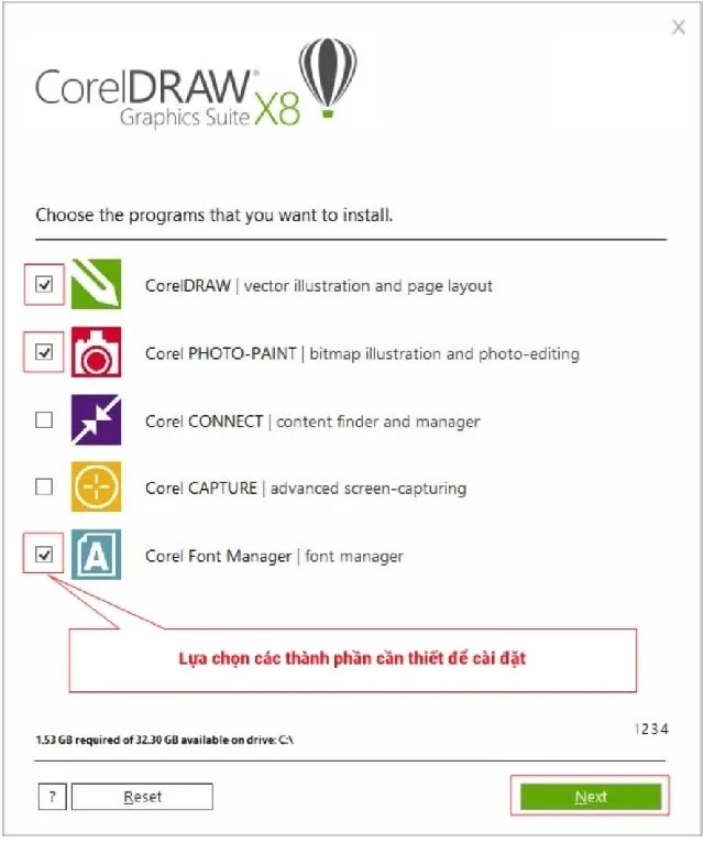 Tải CorelDRAW X8 full Crack 32/64bit - Link Google Drive 4 Lựa chọn các thành phần cần thiết để cài đặt