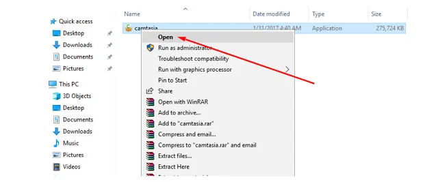 Mở tệp tin Camtasia