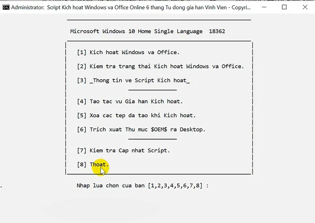 Người dùng chọn lệnh số 8