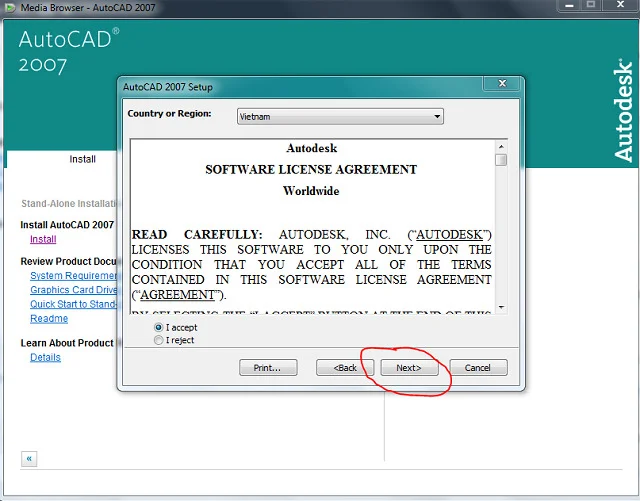 Tải và cài đặt Autocad 2007 full vĩnh viễn【Link Google Driver】 8 Nhấn I accept và nhấn Next khi mà đồng ý các điều khoản sử dụng phần mềm