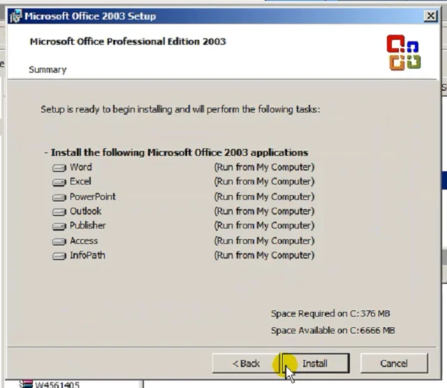 Hướng dẫn tải và cài đặt chi tiết Office 2003 full miễn phí 10 Nhấn Install sau khi đã lựa chọn được các ứng dụng muốn cài đặt vào máy tính