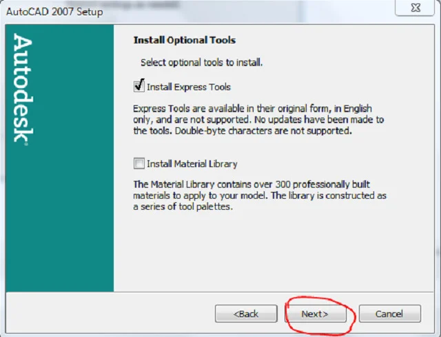Tải và cài đặt Autocad 2007 full vĩnh viễn【Link Google Driver】 12 Nhấn Next sau khi đã nhấn tích vào ô Install Express Tools
