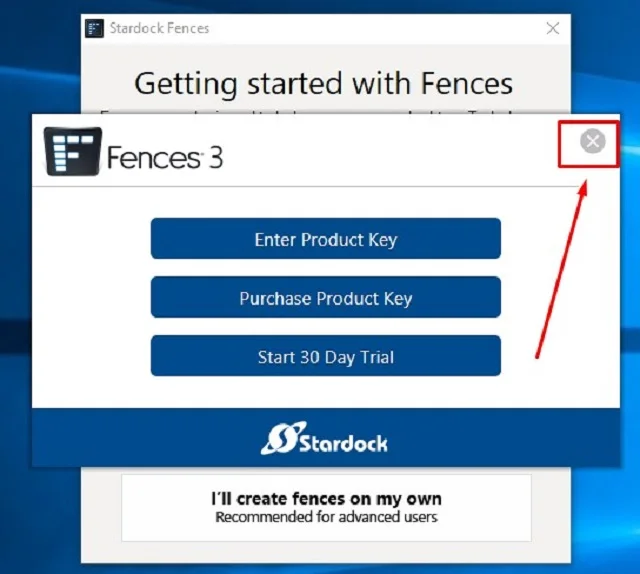 Bật mí chi tiết cách tải Stardock Fences full crack 7 Nhấn vào dấu X ở góc phía bên phải của phần cài đặt