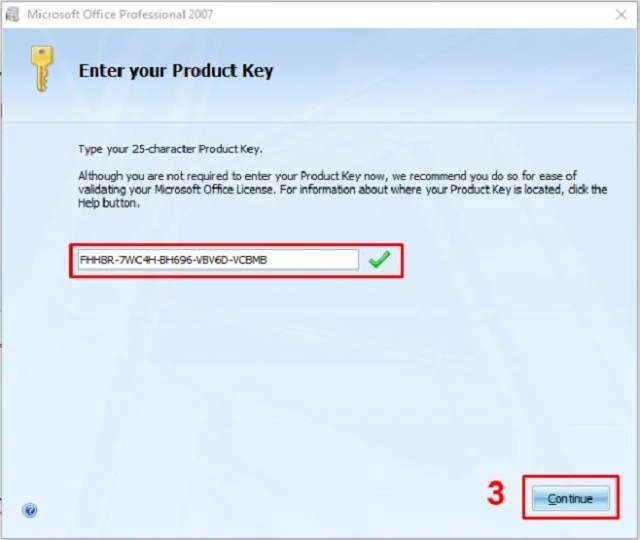 Link tải Microsoft Office 2007 full miễn phí mới nhất 6 Nhập chính xác key vào ô rồi nhấn Continue