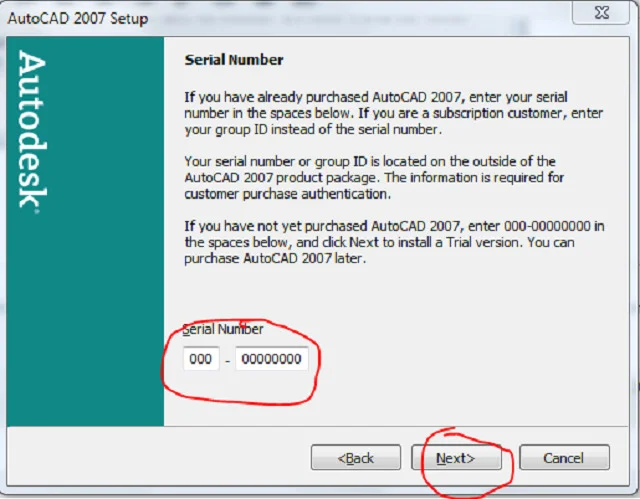 Tải và cài đặt Autocad 2007 full vĩnh viễn【Link Google Driver】 9 Nhập dãy số vào phần Serial Number và nhấn Next để tiếp tục