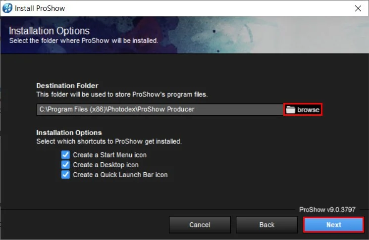 Link tải phần mềm Proshow Producer crack vĩnh viễn 7 Chọn vị trí lưu file rồi nhấn Next