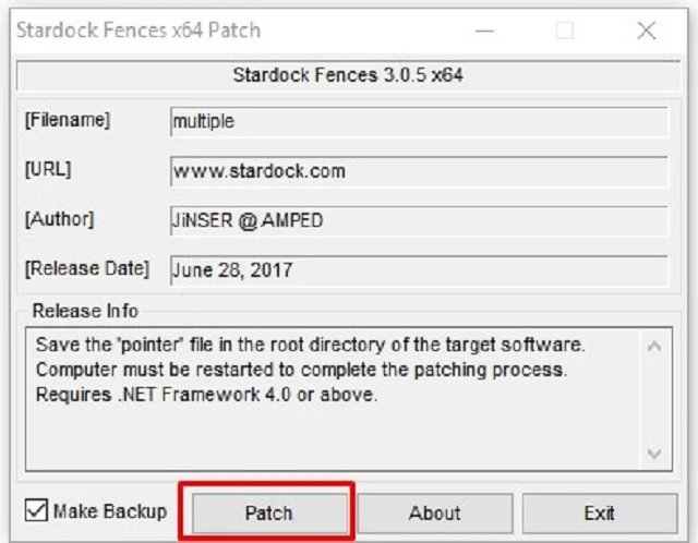 Bật mí chi tiết cách tải Stardock Fences full crack 9 Tiến hành mở file Patch lên rồi nhấn chọn Patch