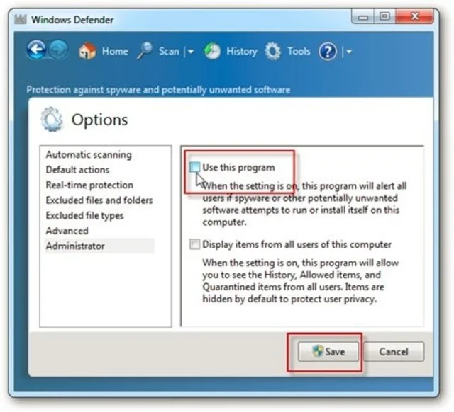 Hướng dẫn cách bật, tắt Windows Defender để bảo vệ máy tính toàn diện 10 Bỏ chọn mục Use this program