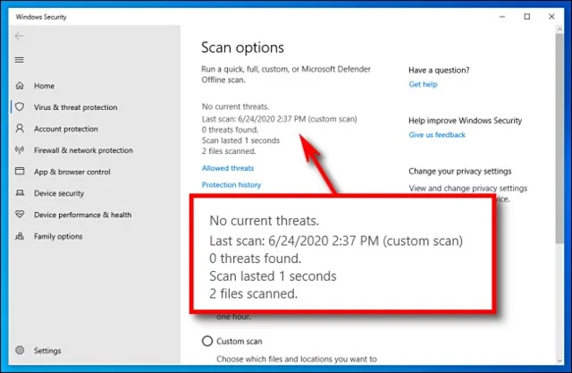 Hướng dẫn cách bật, tắt Windows Defender để bảo vệ máy tính toàn diện 16 Thông tin hiển thị sau khi quét bên dưới mục Scan Options
