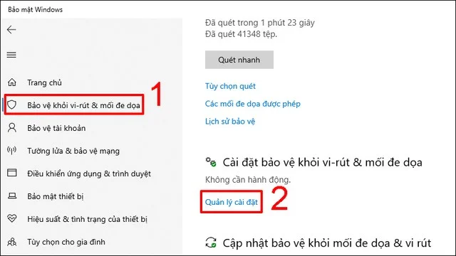 Hướng dẫn cách bật, tắt Windows Defender để bảo vệ máy tính toàn diện 6 Nhấn chuột vào mục Quản lý cài đặt