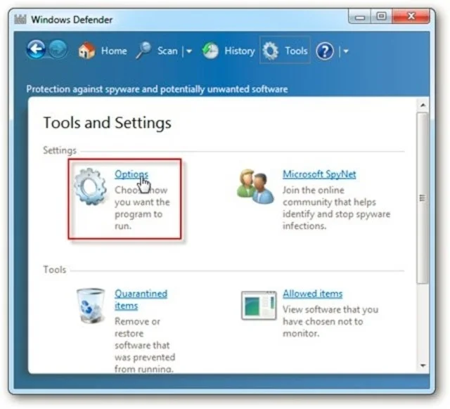 Hướng dẫn cách bật, tắt Windows Defender để bảo vệ máy tính toàn diện 9 Người dùng nhấn chọn mục Options