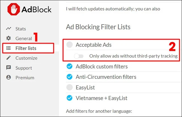 6 cách tắt quảng cáo trên máy tính đơn giản 10 Bỏ tích hộp Acceptable Ads