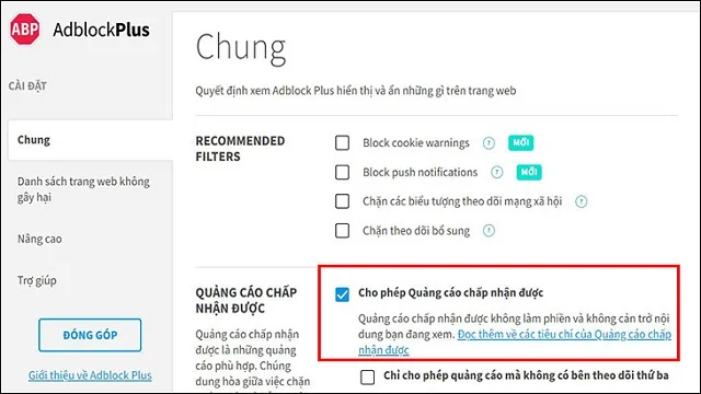 6 cách tắt quảng cáo trên máy tính đơn giản 16 Bỏ tích tại Allow Acceptable Ads