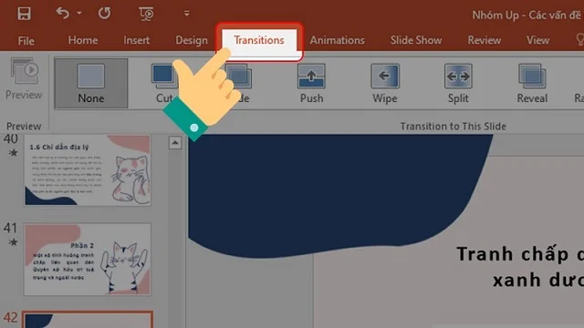 Hướng dẫn chi tiết cách chuyển trang trong PowerPoint 1 Chọn “Transitions” trên thanh công cụ