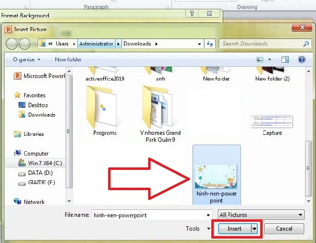 Học lỏm 3 cách chèn hình nền vào PowerPoint 11 Chọn hình muốn chèn vào PowerPoint rồi click Insert