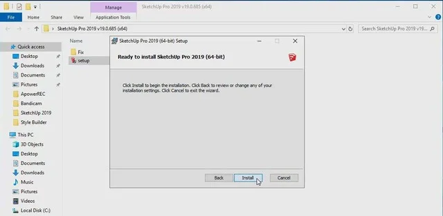 Link Tải SketchUp Pro 2019 Full Crack Mới (Google Drive) 12 Chọn install hệ thống cài đặt ứng dụng chạy