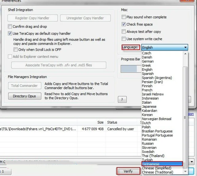 Teracopy Pro full Key vĩnh viễn - Tăng tốc copy file 11 Chọn ngôn ngữ Vietnamese trong phần language