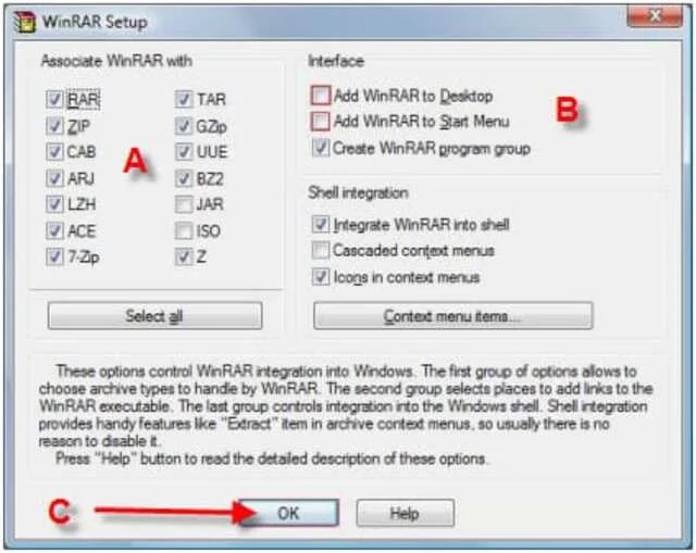 Hướng dẫn cài đặt, sử dụng WinRAR trình giải nén mới nhất 9 Click OK sau khi đã lựa đánh dấu những yêu cầu bạn mong muốn