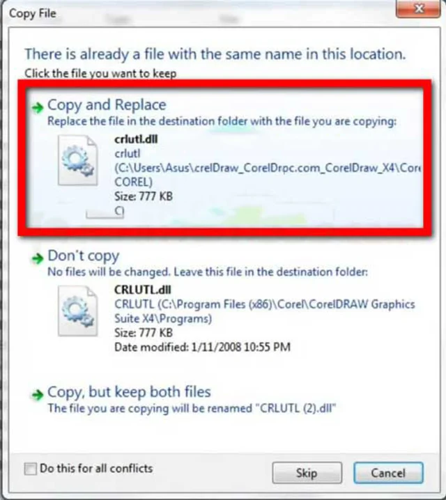 Chọn Copy and Replace