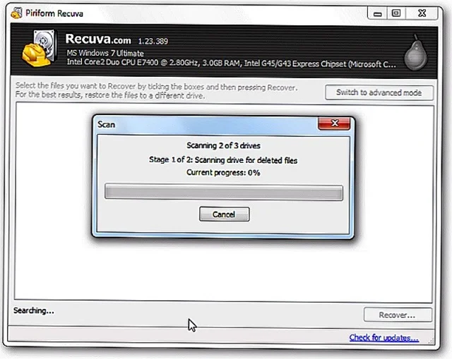 Recuva – phần mềm khôi phục dữ liệu chuyên nghiệp 7 Đợi hệ thống quét trong vài giây