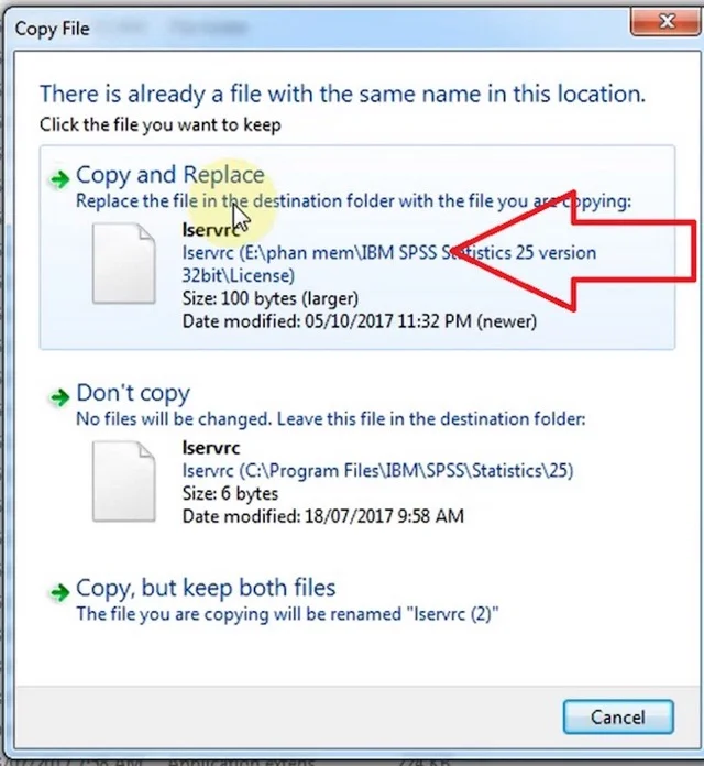 Hướng dẫn cài đặt và sử dụng SPSS 25 phiên bản mới 8 Hãy nhớ lưu ý chọn vào mục copy và replace nhé