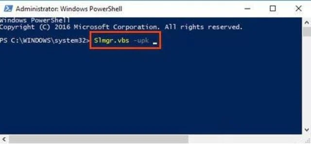 Kích hoạt Win 10 bằng key Win 10 miễn phí, đơn giản nhất 12 Hộp thoại Administrator Windows Powershell nhập hiệu lệnh Slmgr.vbs -upk