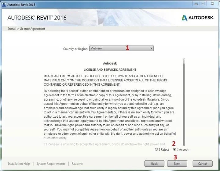 Hướng Dẫn Sử Dụng Revit 2016 - Những Điều Bạn Cần Biết 5 Chọn I Accept rồi nhấn Next
