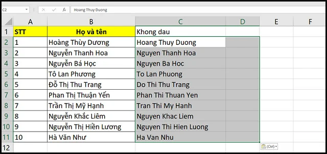 Ba bí quyết bỏ dấu trong Excel siêu nhanh, siêu gọn và siêu hót 2 Kết quả bạn có được khi sử dụng Unikey