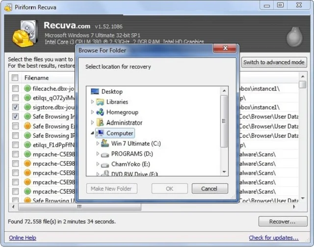 Recuva – phần mềm khôi phục dữ liệu chuyên nghiệp 10 Lựa chọn vị trí cần lưu file phục hồi