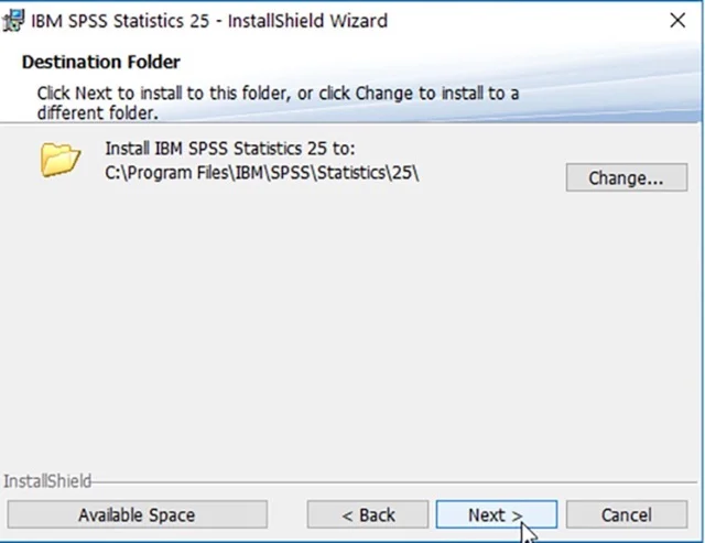 Hướng dẫn cài đặt và sử dụng SPSS 25 phiên bản mới 7 Nếu muốn thay đổi địa chỉ lưu thì bạn có thể chọn vào nút Change nhé