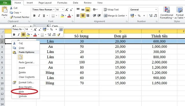 Thủ thuật giúp thực hiện cách ẩn dòng trong Excel nhanh chóng bạn nên bỏ túi 3 Nhấn chọn “Hide” để ẩn 1 dòng trong Excel