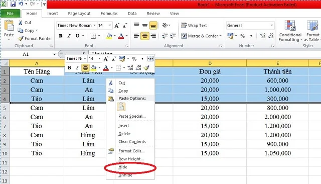 Thủ thuật giúp thực hiện cách ẩn dòng trong Excel nhanh chóng bạn nên bỏ túi 5 Nhấn chuột phải và chọn “Hide” để ẩn nhiều dòng cùng lúc trong Excel