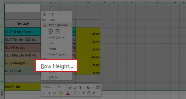 Nhấn chuột phải và chọn Row Height